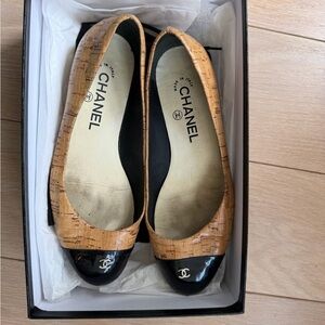 CHANEL Cork Ballet Flats with Black Patent Cap Toe and CC Logo